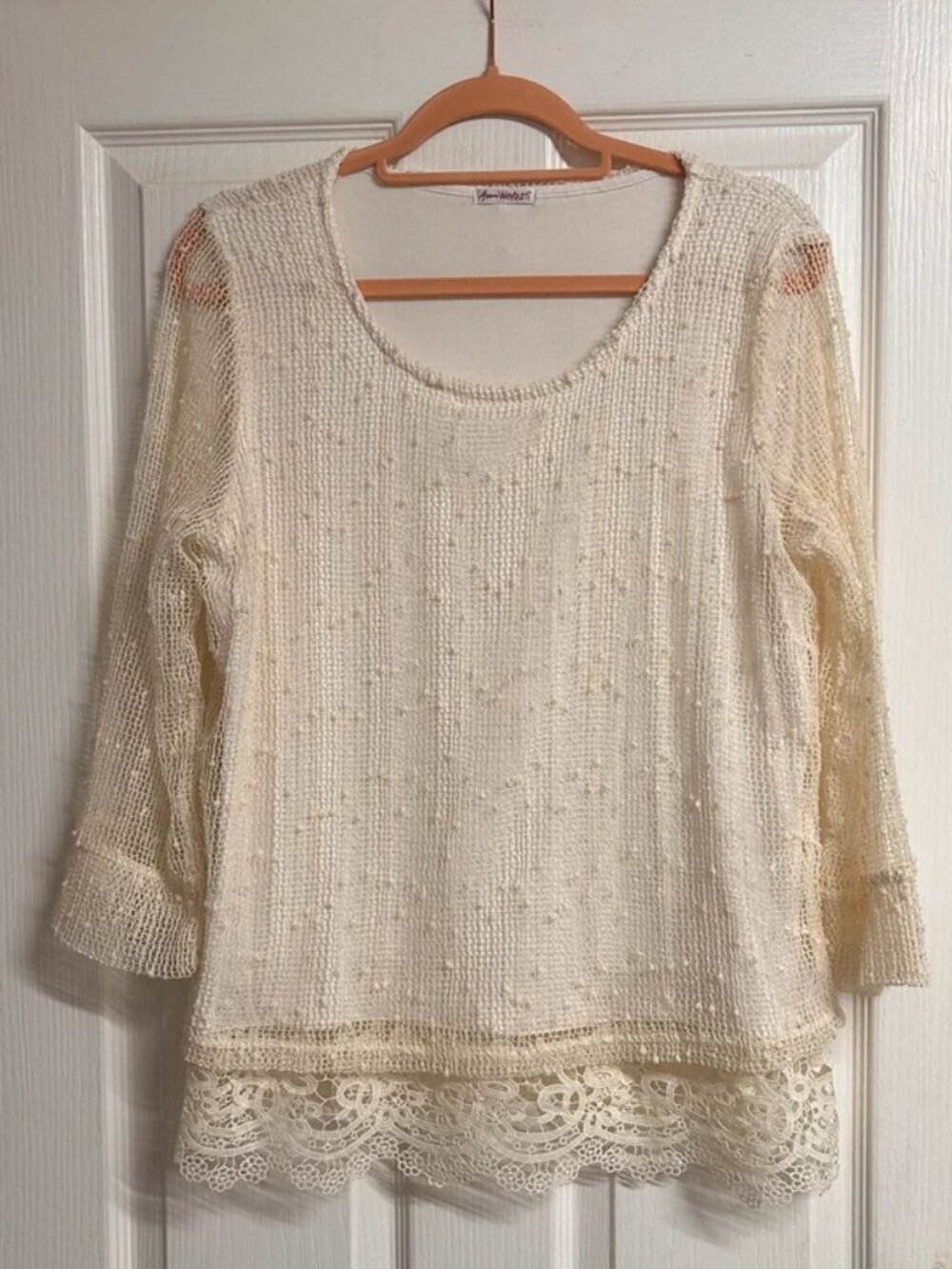 Anne Weyburn Cream Bobble Knit Lace Hem Top - Size 14/16